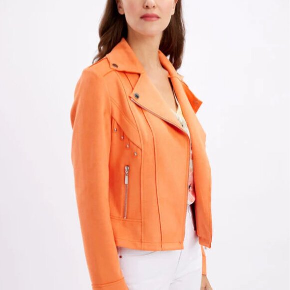 Frank Lyman Orange Knit Suede Moto Jacket Size Medium - Picture 3 of 5